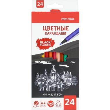 Карандаши цветные 24цв. , черный пластик., "МАДРИД", "Prof-Press", РФ/ пр-во: Китай