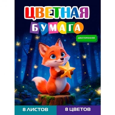 Бумага цветная А4, 8л./8цв., двуст. "ЛИСЁНОК-1", "Prof-Press", РФ