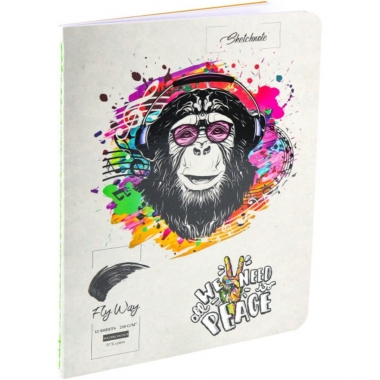 Скетчноут  А5, 12л. ОБЕЗЬЯНА В НАУШНИКАХ-1 (сшивка, 210г/м2, 50%хлопок, 4+4), TM FlyWay