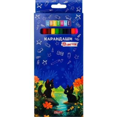 Карандаши цветные 12 цв., дерев., "КОШАЧЬЯ ПРОГУЛКА", "Profit", РФ/ пр-во: Китай