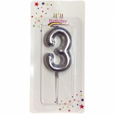 Свеча декоративная ЦИФРА НА ПАЛОЧКЕ "-3-" (6 см). СЕРЕБРО, Китай