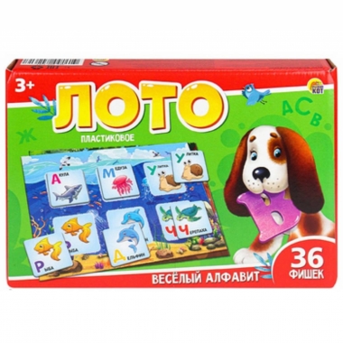 ЛОТО ПЛАСТИКОВОЕ 36 фишек. Весёлый алфавит, ООО "Рыжий Кот", РФ