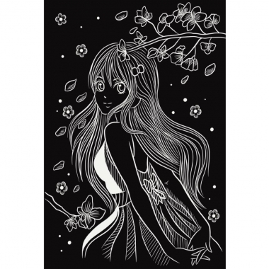 Гравюра А4 в ПАКЕТЕ с ручкой (золото). "Аниме-девушка", Рыжий кот, РФ, пр-во: Китай