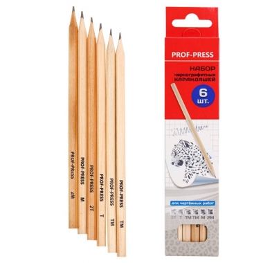 Набор дерев. чернографитных карандашей для черчения, 6 шт., к/к, Prof-Press, РФ