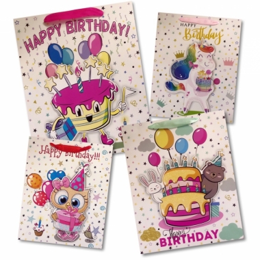 Пакет 26х32х10см, "HAPPY BIRTHDAY" (ЛЮКС. АППЛИКАЦИЯ, Блестки) в асс., Китай