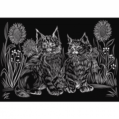 Гравюра А4 в ПАКЕТЕ с ручкой (золото). " Котята в подсолнухах", Рыжий кот, РФ, пр-во: Китай