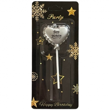 Свеча декортаивная СЕРДЦЕ на палочке (10см) СЕРЕБРО, Китай