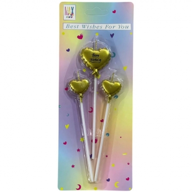 Свечи декортаивные СЕРДЦА на палочке (3шт.) ЗОЛОТО, Китай