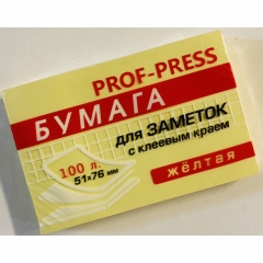 Бумага для заметок 100л., 51х76мм, ЖЕЛТАЯ, клеевой край, Prof-Press, Китай