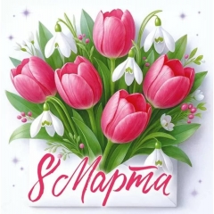 Мини-открытка двойная 7х7см., "8 марта" (код.060), ООО "Открытая планета", РФ