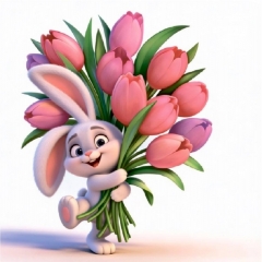 Мини-открытка в букет одинарн., 7х7см. "Зайчик с тюльпанами", "Стильная Открытка", РБ