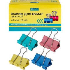 Зажим для бумаг ЦВЕТНОЙ, 32мм, (набор 12шт.) в карт. коробке, TM "WorldOffice", Китай