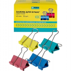 Зажим для бумаг ЦВЕТНОЙ, 41мм, (набор 12шт.) в карт. коробке, TM "WorldOffice", Китай