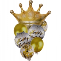 Набор шаров (латекс+фольга) (7 штук) "Корона" HAPPY BIRTHDAY. Золото, Китай