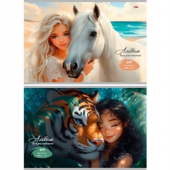 Альбом для рисования А4, 40л, скрепка, "ДЕВУШКА И ЖИВОТНОЕ", 2 диз. в сп.,100 г/м2, "Profit", РФ